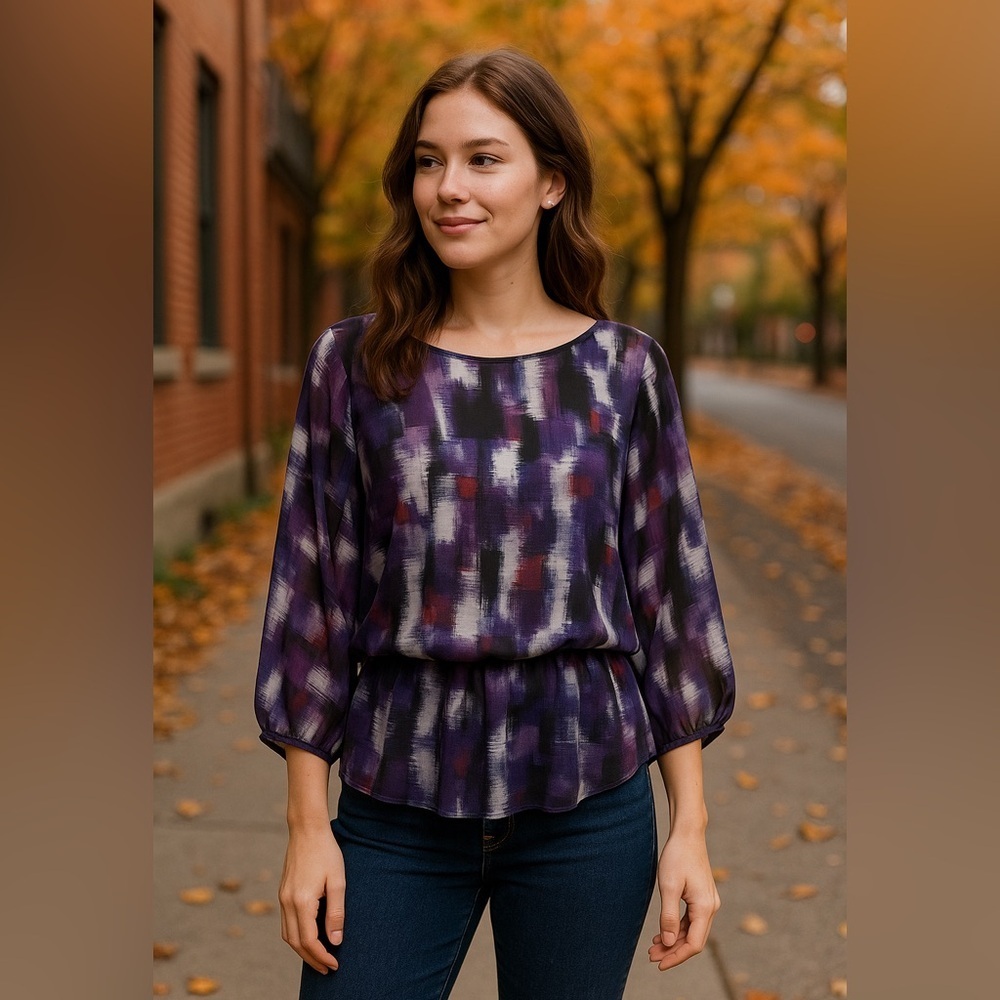 ๐ CHICO'S Purple Print Chiffon Blouson Top ๐ - Picture 10 of 11